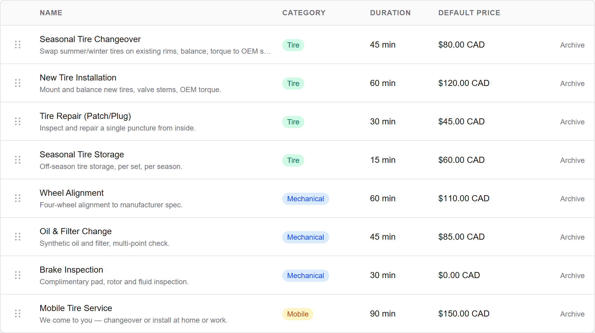 A service menu led by tire services — changeover, installation, repair and storage — priced in Canadian dollars